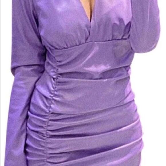 Zara purple faux leather long sleeve V-neck ruched mini dress Sz L NWT - Picture 6 of 14